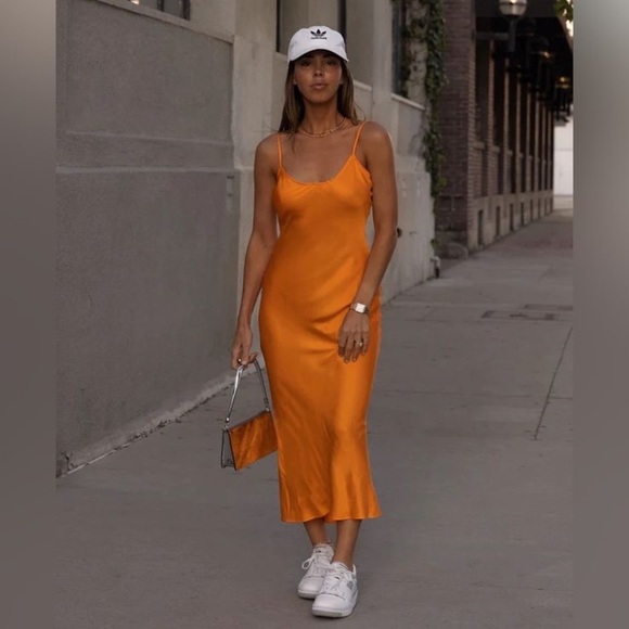 Tan Lines Women’s Satin Aloha Tank Dress Orange Midi M Resortwear Slip Dress - Picture 6 of 10